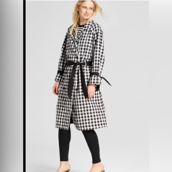 Black & White Gingham Belted Trench Coat - Picture 2 of 6